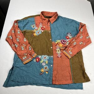 Paparazzi Embroidered Button Down Shirt Patchwork Long Sleeve Boho Top MEDIUM